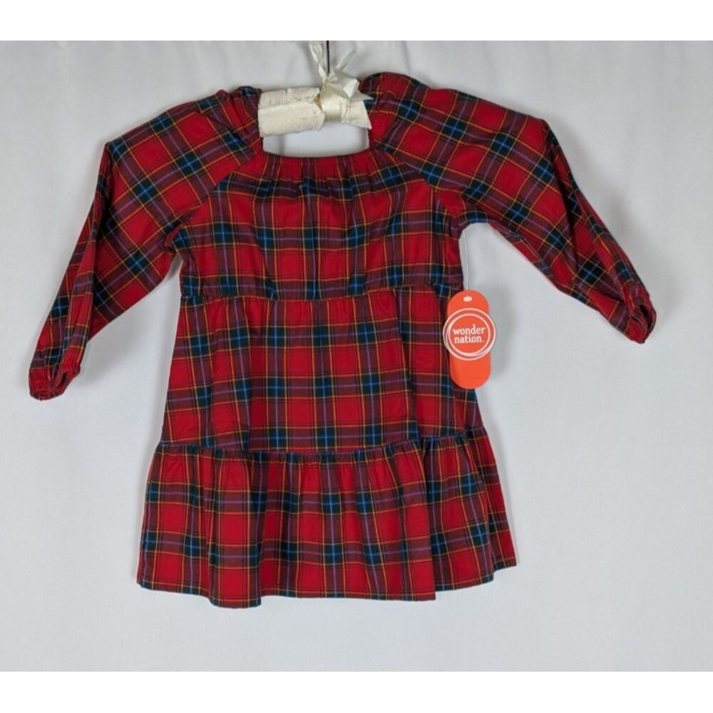 Wonder Nation Tiered Dress 2T Girl's Red Plaid Square Neck Long Sleeve Pullover